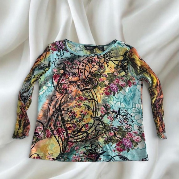 Take Two Tops - Take Two teal glitter mesh sleeve graphic babydoll fairy top y2k vintage euro